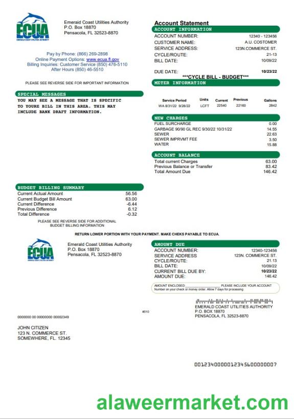 USA ECUA utility bill template in Word and PDF format